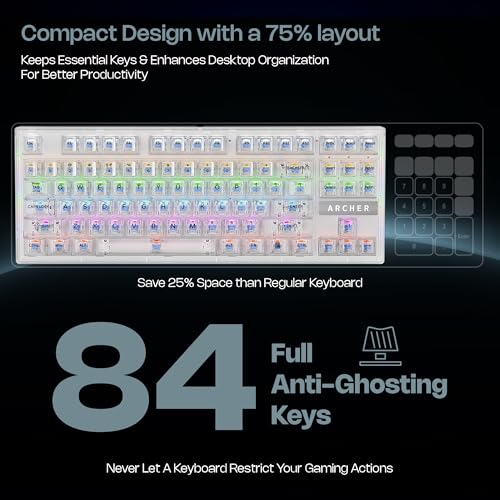 Image of Archer Tech Lab Astra M400 Mechanical Gaming Keyboard with 63 keys, 17 RGB modes, clicky blue switches, 26 anti-ghosting keys, 50M keystroke durability, 1.5m USB-C cable, Windows support (TRANSPARENT)