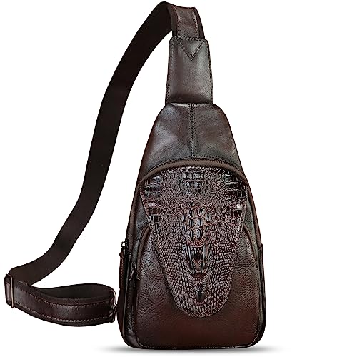 Image of Genuine Leather Sling Bag Embossed Crocodile Pattern Leather Crossbody Sling Backpack Handmade Chest Purse Daypack (Coffee)
