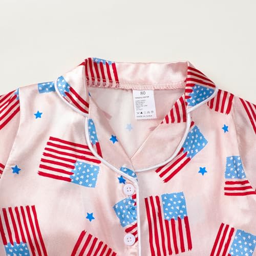 Kuriozud Toddler Baby Girl Boy 4th of July Outfits Pajamas Set Fourth of july American Flag Button Tops+Shorts Sleepwear4