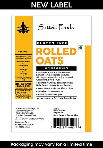 Image of Sattvic Foods Jumbo Rolled Oats (500 g) | Gluten-free, Large Old Fashioned Rolled Oat Flakes | High in Fibre and Protein | Make Oatmeal, Overnight Oats, Muesli, Granola bars, Use in Baking (Pack of 2)