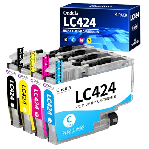 Ondula LC424 LC-424 Cartucho de Tinta Compatible para Tinta Brother LC424 Multipack para Impresora Brother DCP-J1200W DCP-J1200WE Printer (1 Negro, 1 Cian, 1 Magenta, 1 Amarillo, Paquete de 4)