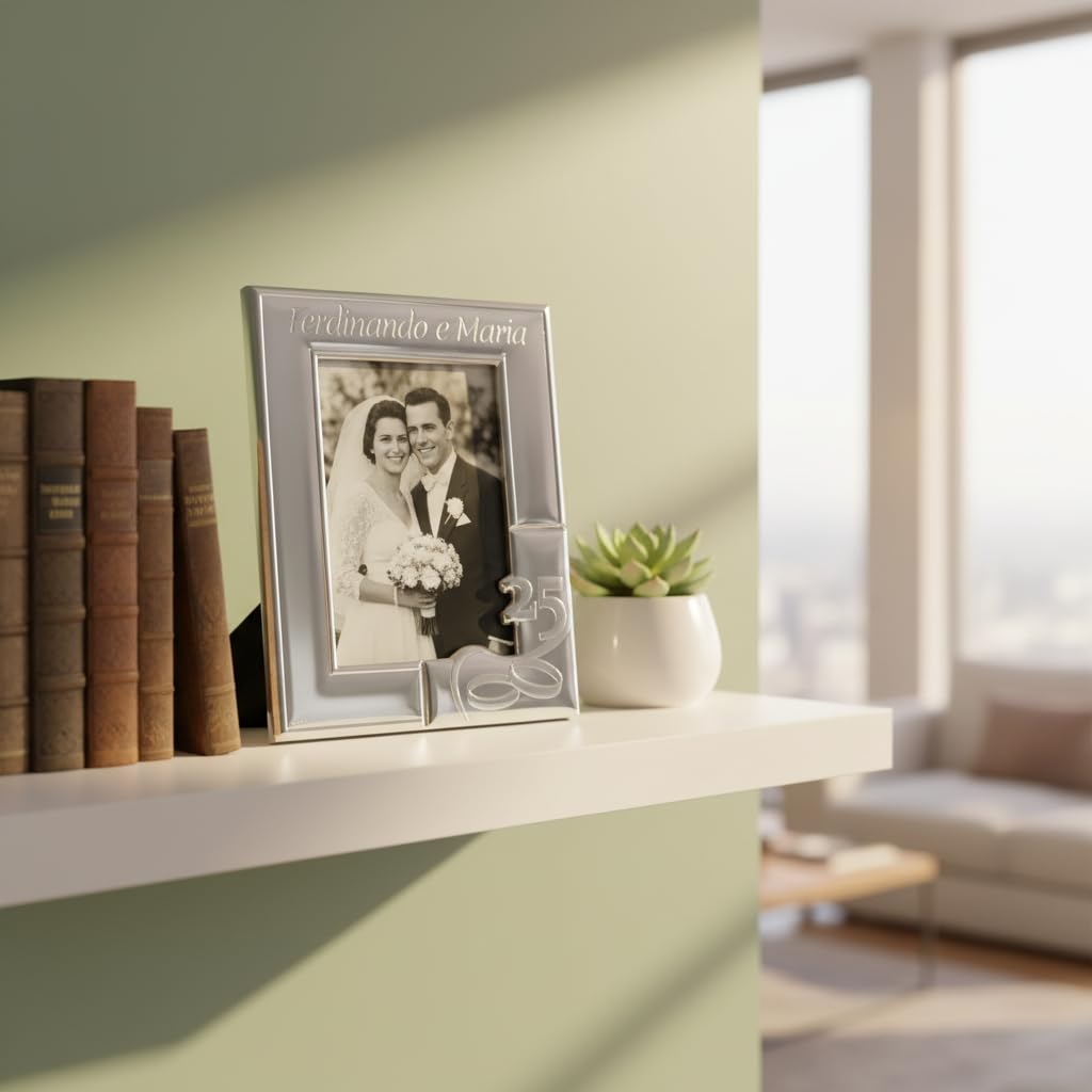 Portafoto per il Venticinquesimo Anniversario di Matrimonio con Cornice in Argento Lucido e Incisione dei nomi Inclusa (Argento, Foto 13x18 cm)