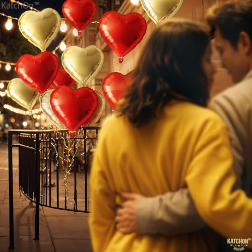 Image of KatchOn, Red and Gold Heart Balloons, 12 Pack, 18 Inch, Foil /Mylar, Helium Supported, Valentine's Day, Adult, Unisex, Love, Balloons