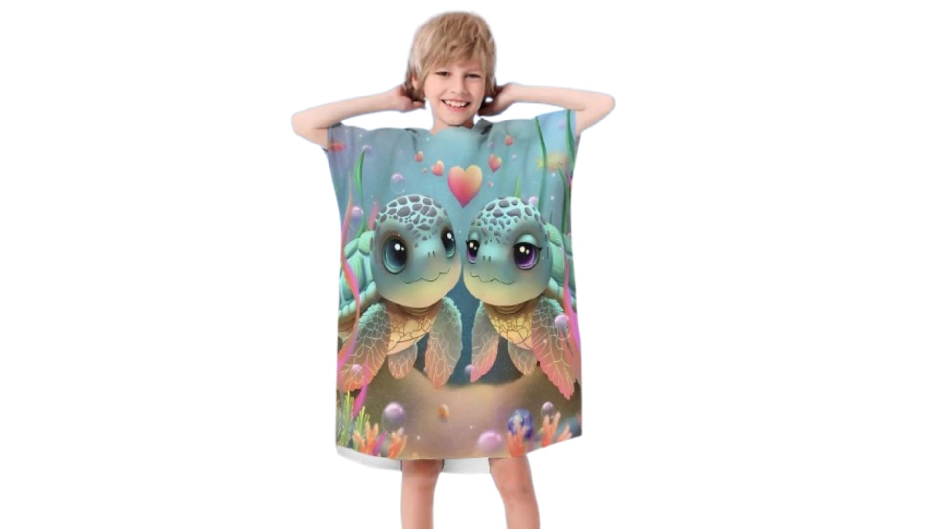 Kids Hooded Poncho Towel. Soft Microfiber Bath Robe for Boys & Girls. Unicorn & other Designs. Absorbent & Quick-Dry. For Swimming, Beach, Bath & Travel (Green Tortoise 75x110cm 10-15yrs)