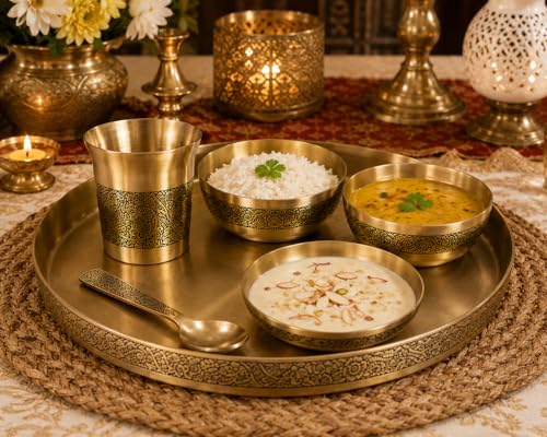 Image of Kansa Bronze Thali Set Matte Etching Design Dinner Set with Plate Glass 2 Bowls Dessert Bowl Spoon Ayurvedic Traditional Indian Serveware Handmade Gift Set for Home Dining Festival Use