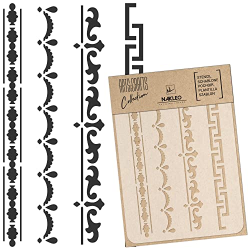 NAKLEO Malschablone für Handwerk A5 15x21cm, Mini Bordüren Set Muster, Wiederverwendbare Kunststoff DIY & Scrapbooking Zeichenschablone, Decoupage Kunst Vorlage, Wand Stoff Möbel Holz