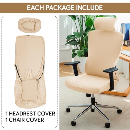 Image of HOKIPO 'SereneSolids' 140 GSM Office Chair Cover with Headrest (High-Back) - 140 GSM Stretch Fabric - Washable, Anti-Slip Fit for Ergonomic Mesh Office Chairs, Beige (AR-5369-BGE)