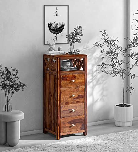 Image of Solid Sheesham Wood Cabinet for Storage | Wooden Chest of Drawer for Kitchen and Home with 4 Drawers (Solid Wood, Teak Finish, 20x17x47 Inch, 1 Piece)