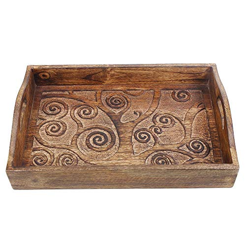 storeindya SI-UK-MI-1248 Wooden Tray with Handle - Hand Carved Tree of Life Design