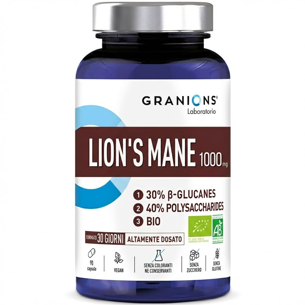 Granions Lion's Mane Bio 1000 mg | 90 Capsule Vegetali | 40% Polisaccaridi + 30% Beta-Glucani | KSM Hericium erinaceus | Vegan | Senza Glutine | Formato 30 Giorni | Certificato Bio