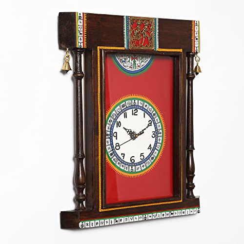 Image of AAKRITI ART CREATIONS Wall Clock Handcrafted Warli Art Red Dial with Glass Frame Brown, Red | Clock for Home, Home Decoration | Wooden wall Decor | Matte Finish