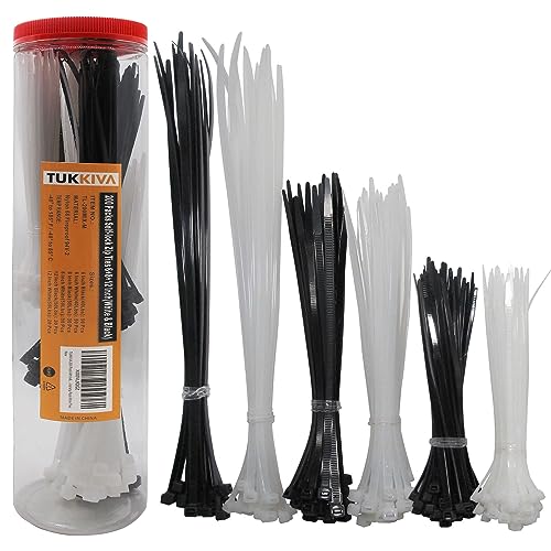 TUKKIVA 200 Pack White & Black Zip Ties Assorted Sizes 6+8+12 Inch Heavy Duty Cable Ties - Variety Pack Wire Ties