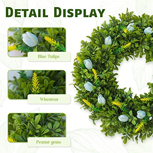 Sunvissh Spring Wreaths For Front Door 20” Skyblue Tulip Wreath, Artificial Boxwood Green Leaf Wreath With Storage Box For Farmhouse Baby Shower Wall Decor Window Front Porch Patio Garden Decoration #TOP2