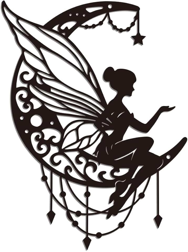 WADORN Decoración de pared de metal con diseño de hada y luna negra, arte de pared de metal de hierro para decoración del hogar, patrón de hadas, estatuas de decoración de pared, regalo para sala de