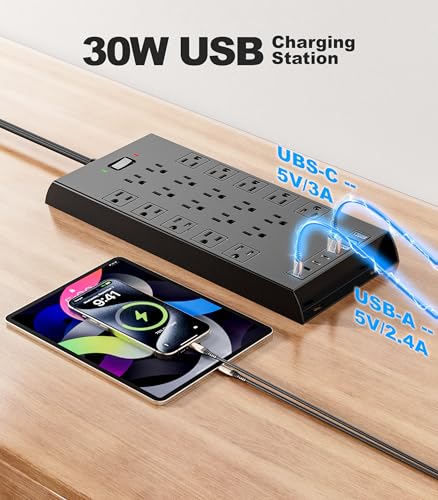Image of Surge Protector Power Strip 4800J, LeZone 10Ft Long Extension Cord Flat Plug, 20 Outlets 4 USB-A 4 USB-C Ports, Wall Mountable, Home Office Dorm Essentials, Black