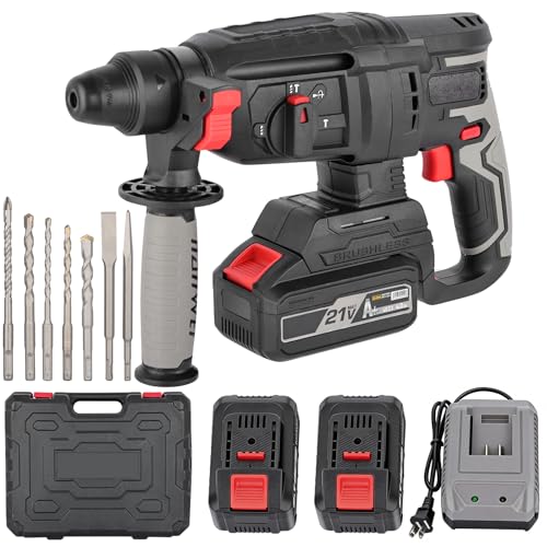 Marteau Perforateur Sans Fil 21V, 5 Modes avec Fonction Impulsion Perforateur Burineur Moteur Brushless 2 J Perceuse à Percussion pour Béton et Maçonnerie 2 Batteries...