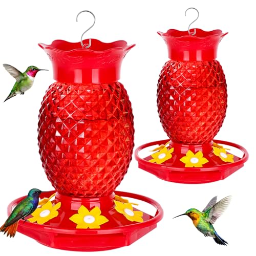 Fchstaer Glass Hummingbird Feeders for Outdoors Hanging Ant and Bee Proof 16OZ 2 Pack Red Pineapple Humming Bird Feeder with 6 Feeding Ports and Ant Moat Hummingbird Gifts for Women Garden Decor