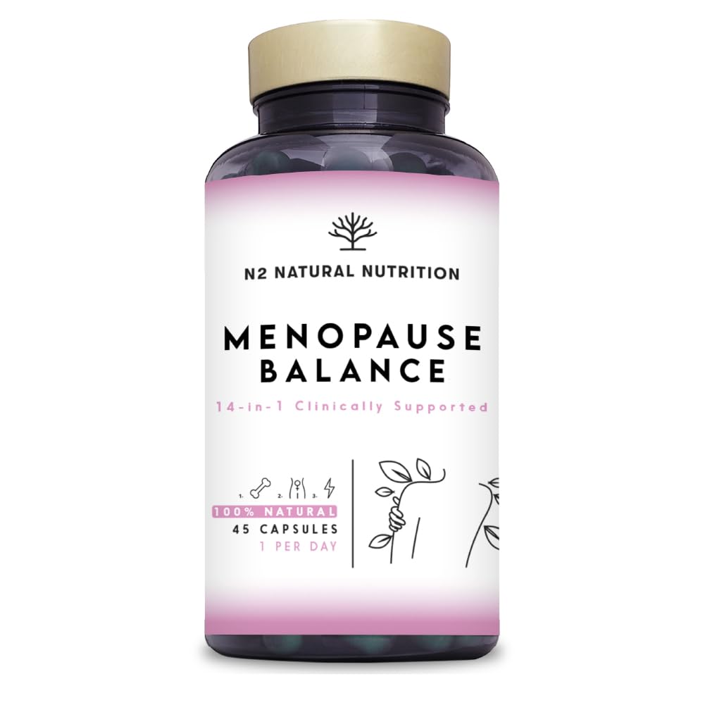 Wechseljahre Kapseln 14-in-1 mit Klinischer Unterstützung. 45 Tage mit Omega 3, Vitamin d3 k2, Vitamin b, Biotin, Folsäure. Menopause balance. N2 Natural Nutrition®