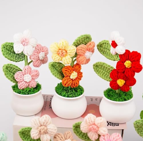 Image of VRB Dec Plastic TM 1 Pcs Crochet Flowers Artificial Daisy for Office Desk Car Dashboard Decor,Home Decoration, Office, Bedroom, Christmas Decor, Wedding,Diwali. (Triple Pink Daisy with Pot)