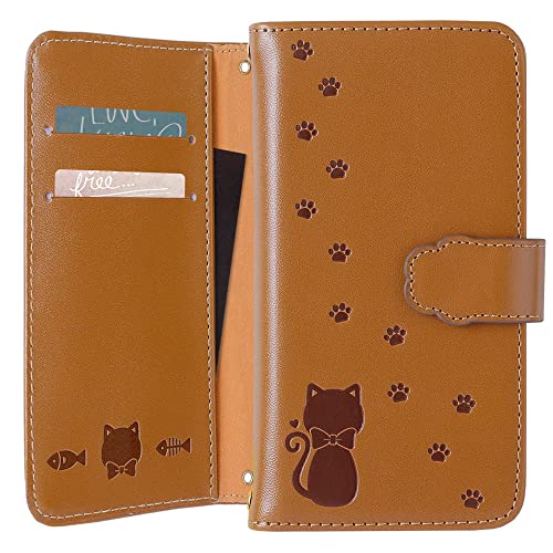 らくらくスマートフォン F-52B ケース 手帳型 押し 猫 マグネットあり ネコ スマホケース カバー (ブラウン) Docomo ドコモ
