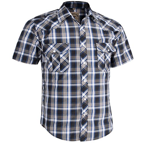 COEVALS CLUB Men's Casual Plaid Pearl Button Snap Front Short Sleeve Shirt Regular Fit (Blue/Gray #7, L)
