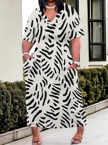 Image of PinkPatty Women's Plus Size Short Sleeve Maxi Dress Casual Loose V Neck Long Dress with Pockets | Boho floral wrap maxi dress with belt for vacations, weddings, parties, church, dinners, and everyday elegant wear