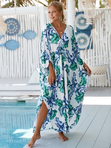 Image of IMAGEKOPE Women's Plus Size Animal Print V-Neck Batwing Kaftan Beach Dress Bathing Suit Cover-Up Loungewear