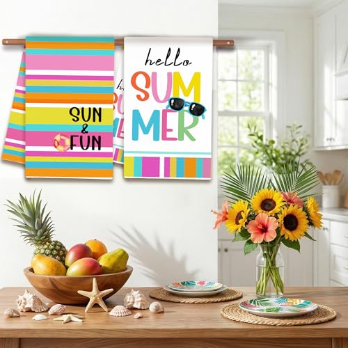 Image of FUTBU Summer Kitchen Towels, Sun and Fun Stripes Dish Towels Set of 2 for Bathroom Decor, 18x26Inch Drying Dishcloth Farmhouse Holiday Summer Pools Decoration