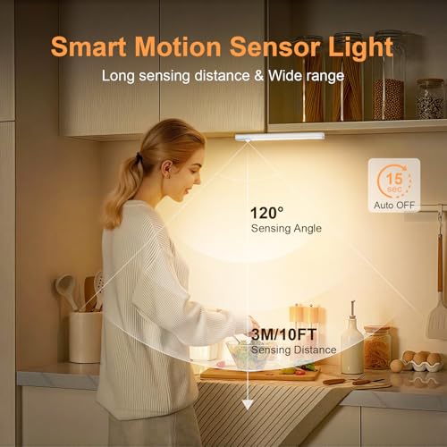 5 Pack Rechargeable Under Cupboard Kitchen Lights, 20CM Dimmable Warm Cabinet Light, LED Motion Sensor Lights Indoor, Magnetic Stick Light for Kitchen Shelf Stairs Wardrobe - Image 5