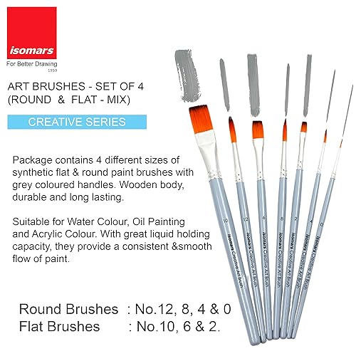Image of Isomars Creative Paint Brush Set - Round & Flat Mix | Set of 7 Brushes for Acrylic, Watercolor, Oil, Gouache & Craft Painting | Premium Artist Flat Brushes for Canvas, DIY Art & Mixed Media