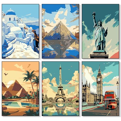 mobumeia 6 Pièces Peinture Numero Adulte, DIY Paysage Urbain Peinture à l'huile par Numéros Kits, Ensemble de Peinture à l'huile Peinte à la Main pour Adultes et Débutants- Sans cadre - 25x35
