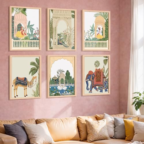Image of NoWorries Traditional Madhubani Wall Frames for Living Room | Minimal Art Pattern Framed Poster Paintings for Wall Decor Set of 6 (10x13 inches, Multicolor) (ART-10)