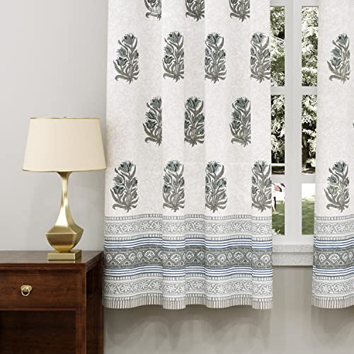 Image of BLOCKS OF INDIA Hand Block Printed Cotton Daylight Curtains with Eyelets (Set of 2 Curtains, Flower 1, 5 Feet /Windowsemi Sheer, White,Grey)