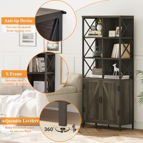 Fatorri Bookshelf With Doors, Rustic Wood Bookcase With Cabinet thumb #3