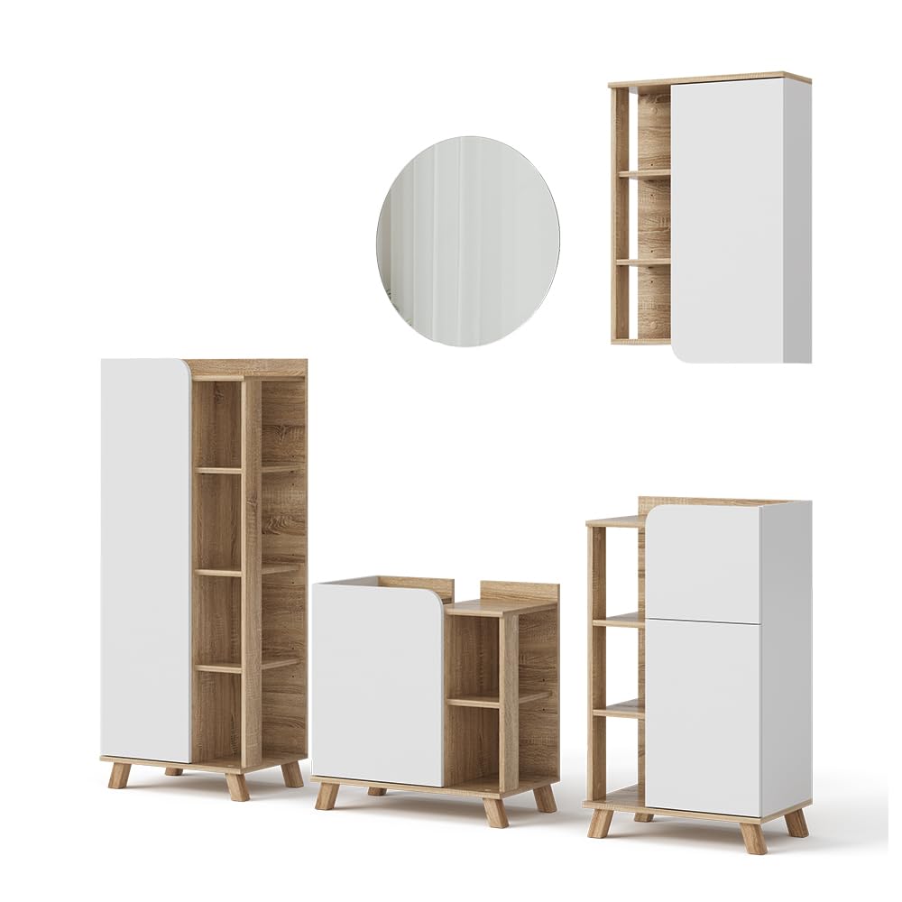 Vicco Set di mobili da bagno Karen, Sonoma/​Bianco, 60 cm, composto da mobile lavabo, specchiera, armadietto, colonna e pensile