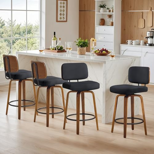 Image of Counter Height Bar Stools Set of 4, 26+inch Swivel Faux Leather Barstool with Back, Upholstered Mid-Century Modern Bar Chairs with Bent Wood Legs for Kitchen Counter, Dining Room, Black