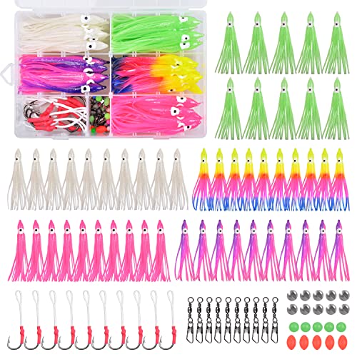Squid Skirts Saltwater Trolling Lures Kit, 90Pcs Soft Plastic Squid Skirts With Assist Fishing Hooks Barrel Swivels Fishing Weights Beads For Wahoo Tuna Marlin Dolphin #TOP26