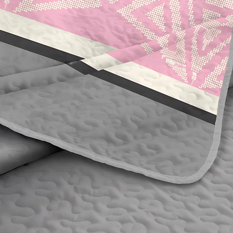 MGeezz King Size Quilt Set, 3-Piece Lightweight Soft Bedspread Coverlet (104x90 in) with 2 Pillow Shams (20x36 in) for All Season,Pink & Grey Stripes