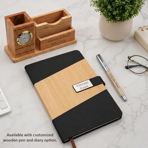 Image of Deskart Customized Multipurpose Pen Holder Stand | Premium Wooden Desk Organizer with Clock, Business Visiting Card and Mobile Holder