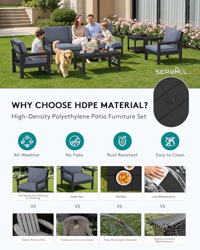 Image of SERWALL HDPE Outdoor Patio Furniture Set Outdoor Couch | All Weather Outdoor Sectional with Coffee Table & Side Table, Black Frame & Gray Cushions