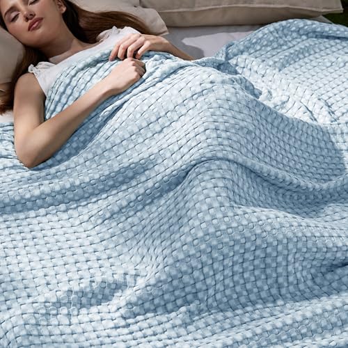 Image of Bedsure Cooling Cotton Waffle Queen Size Blanket - Lightweight Breathable Blanket of Rayon Derived from Bamboo for Hot Sleepers, Luxury Throws for Bed, Couch and Sofa, Light Blue, 90x90 Inches