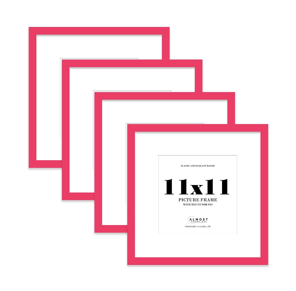 11x11 Bright Pink Picture Frame with Mount for 9x9 Photos, Prints - Modern Square Wall Frame, Set of 4