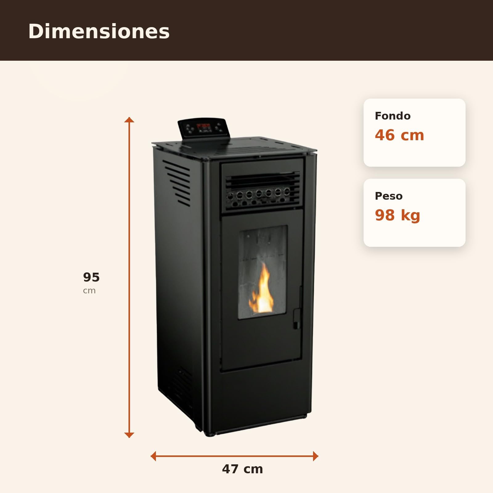 EIDER BIOMASA Estufa de Pellets KING 10 – 9,89 kW – Rendimiento 92% – Hasta 245 m³ – Tolva 15 kg – Programable WiFi – Encendido Rápido – Clase A+