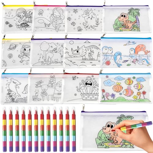 Liangding Sacs à colorier pour enfants – 12 sacs en tissu zippés et 12 crayons de cire empilables (7 couleurs) – Kit créatif idéal pour anniversaires,...