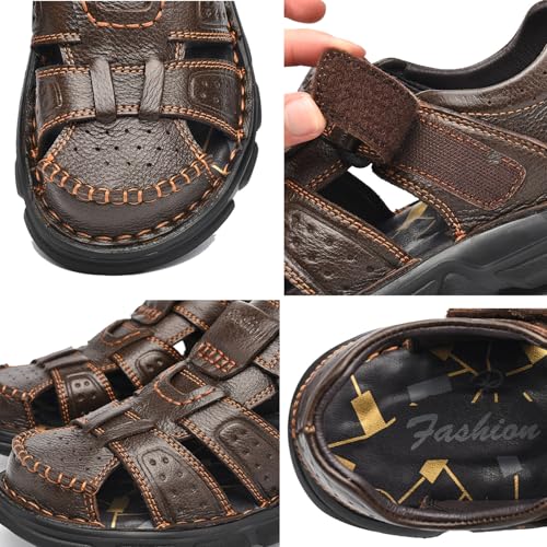 Men's Hollow Hand-Stitched Leather Flat Walking Sandals Comfortable Breathable Closed Toe Non-Slip Adjustable Hook-and-Loop Beach Sandals, Summer Fisherman Beach Shoes4