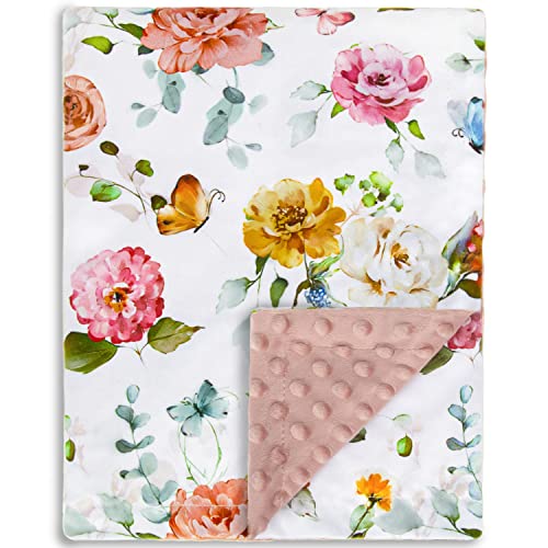 Image of BORITAR Elegant Floral Baby Blanket for Girls Soft Plush Minky Blanket with Double Layer Dotted Backing, Multicolor Butterfly & Gentle Floral Printed 30 x 40 Inch(75x100cm)