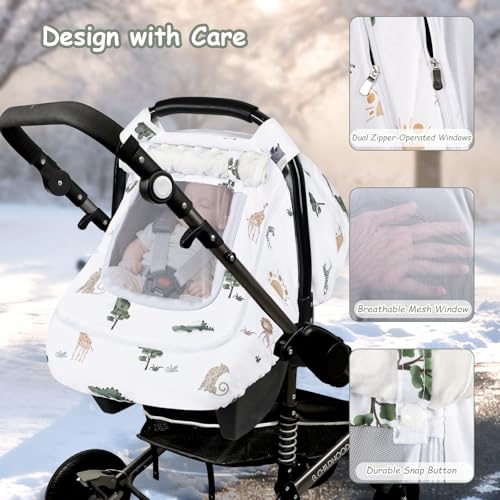 Image of Winter Car Seat Cover Baby with Sunshade & Dual Zipper Windows - Minky Bubble Lined Windproof Soft Shell, Warm Newborn Car Seat Canopy Covers, Elastic Bottom for Stroller & Infant Car Seat, Animal