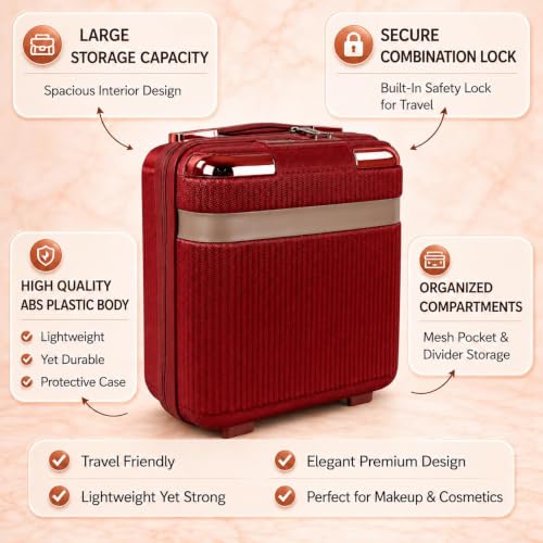 Image of Cosmetic Bag Case Travel Hand Luggage Small Portable Carrying Suitcase Makeup Case for Women Organizer Box Vanity Mini Suitcase (Red)