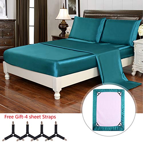 Hollyhome Silky Soft Luxury 4 Piece Deep Pocket Full Satin Sheet Set, Free Fitted Sheet Straps Included, Teal #TOP1