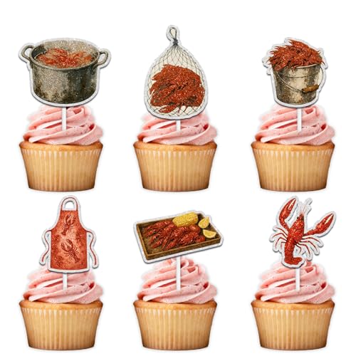 18pcs Glitter Lobster Boil Barbecue Dessert Cupcake Topper Cheer to Crawfish Undersea Theme Party Decoration for Men Women Happy Birthday Decor Supplies
